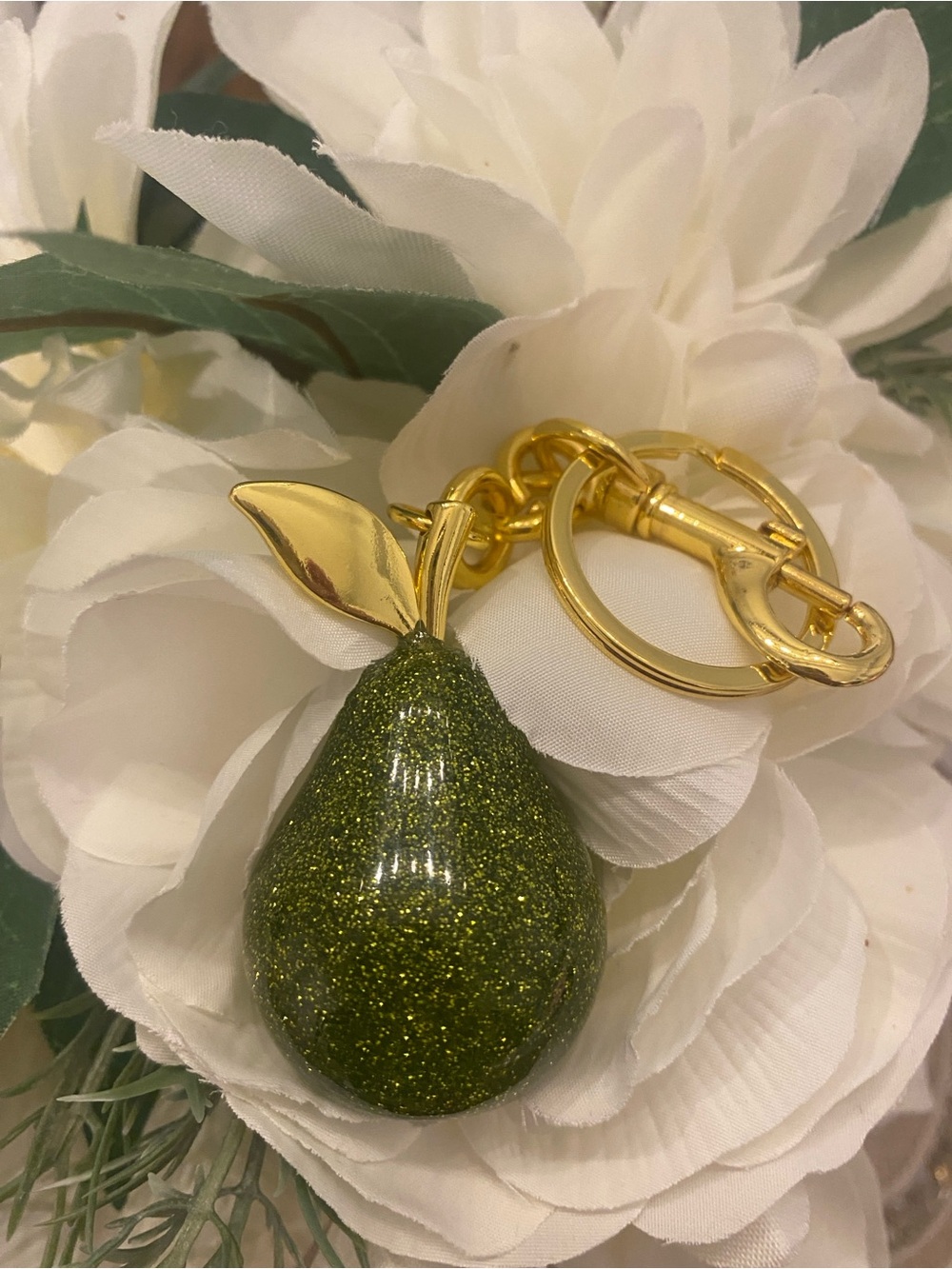 Gold-Tone Keychain with Green Glitter Pear Charm